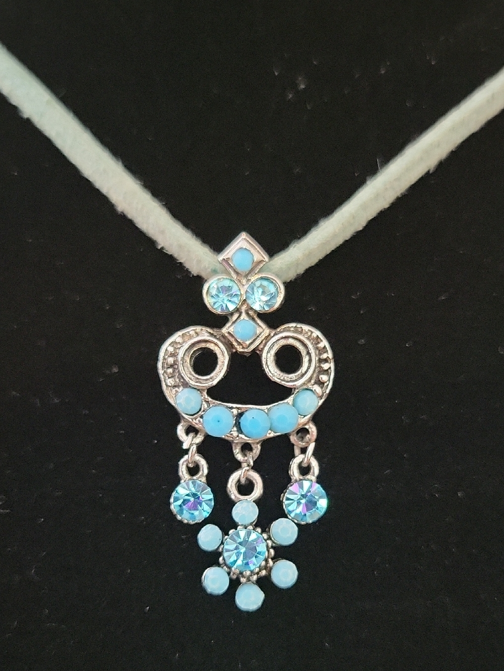 Blue Crystal & Stone Drop Pendant Necklace on Suede Chain with Extender